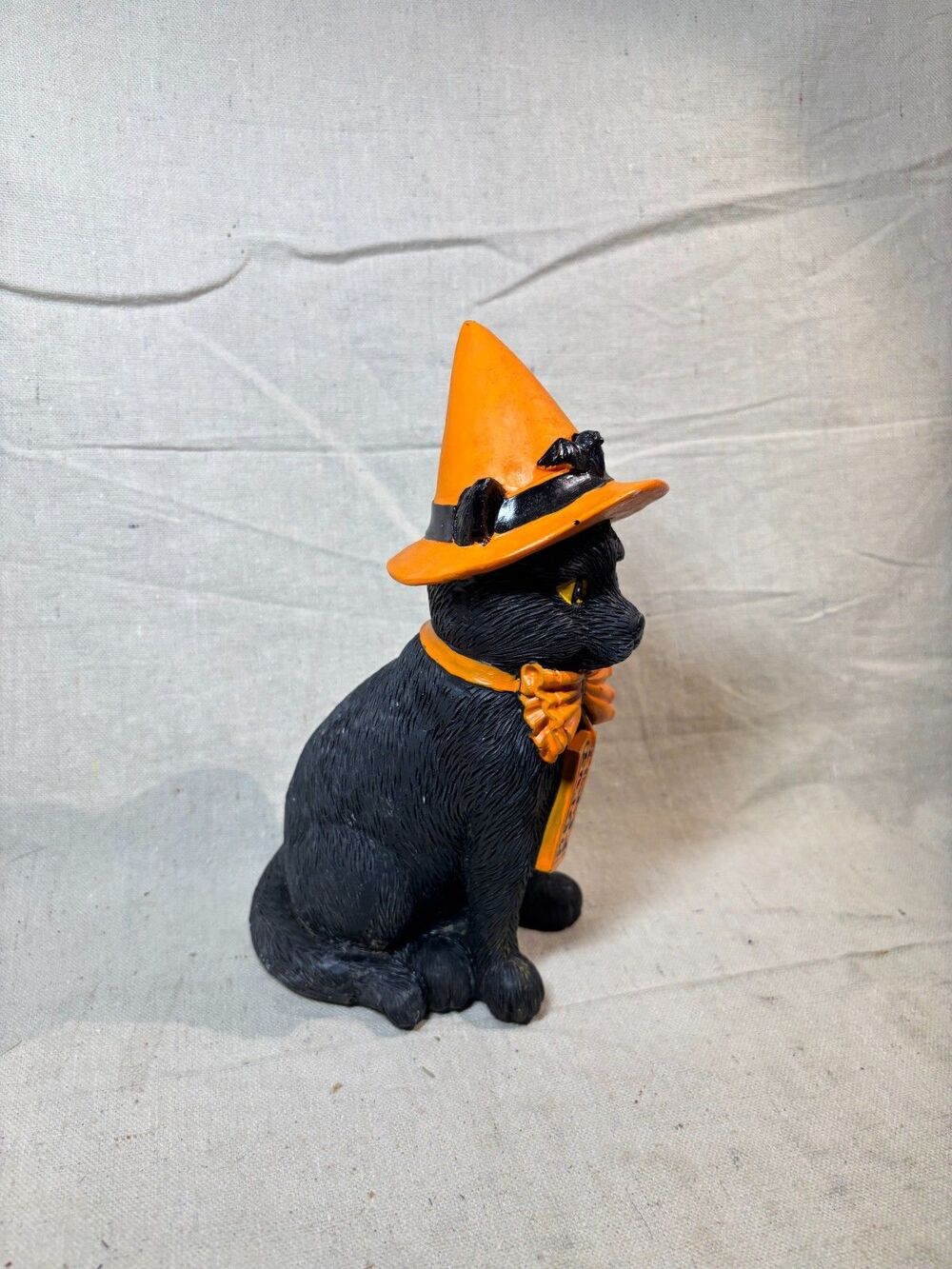 Black Resin Cat Orange Hat "Hocus Pocus" Halloween Decor - Picture 4 of 8